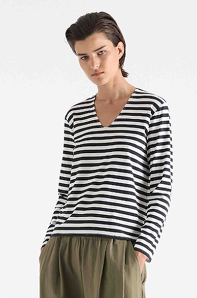 Mela Purdie - V Neck Top in Bevel Stripe Knit