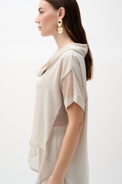 Joseph Ribkoff - Woven Gauze and Mesh Boxy Top with Cowl Collar