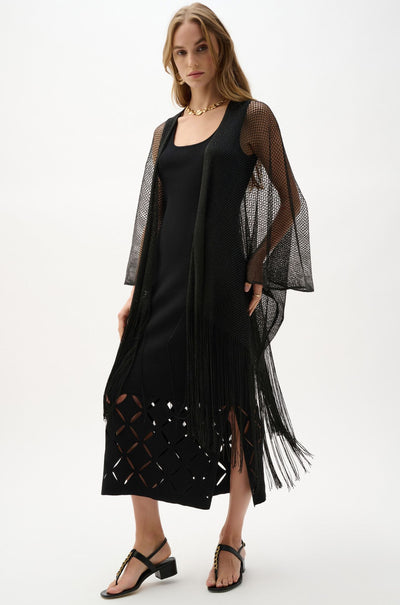 Joseph Ribkoff - Woven Open Stitch Draped Cover Up With Fringe