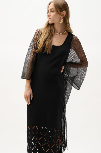 Joseph Ribkoff - Woven Open Stitch Draped Cover Up With Fringe