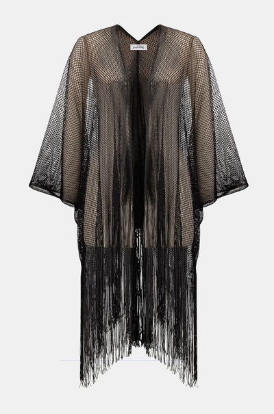 Joseph Ribkoff - Woven Open Stitch Draped Cover Up With Fringe