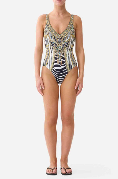 Camilla - Zig Zag Zoo V Neck One Piece w/ V Back