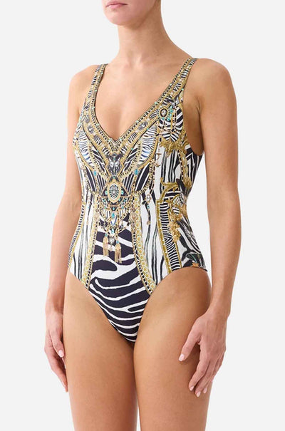 Camilla - Zig Zag Zoo V Neck One Piece w/ V Back