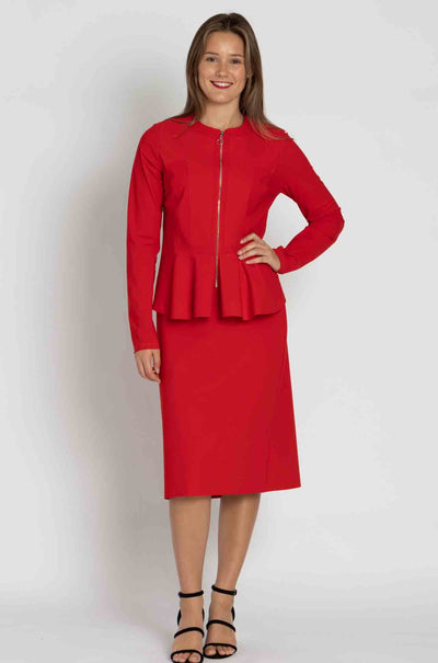 Paula Ryan - Zip Front Panel Peplum Jacket in Flame Red