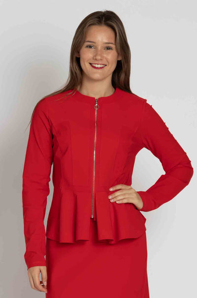 Paula Ryan - Zip Front Panel Peplum Jacket in Flame Red