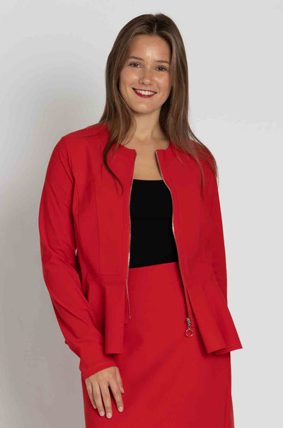 Paula Ryan - Zip Front Panel Peplum Jacket in Flame Red