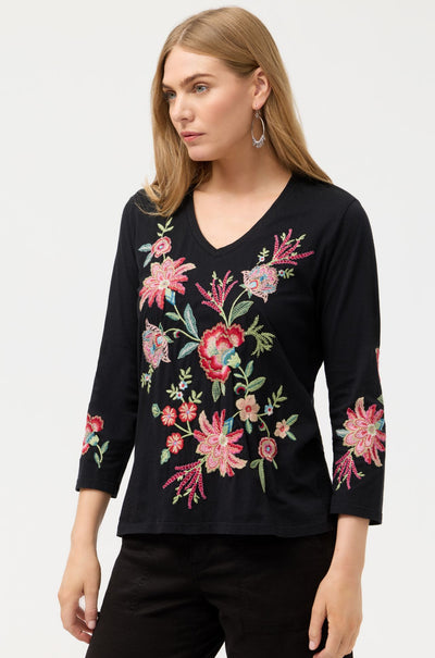 Johnny Was - 3/4 Sleeve Trapunto V Neck Tee in Junie