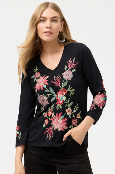 Johnny Was - 3/4 Sleeve Trapunto V Neck Tee in Junie
