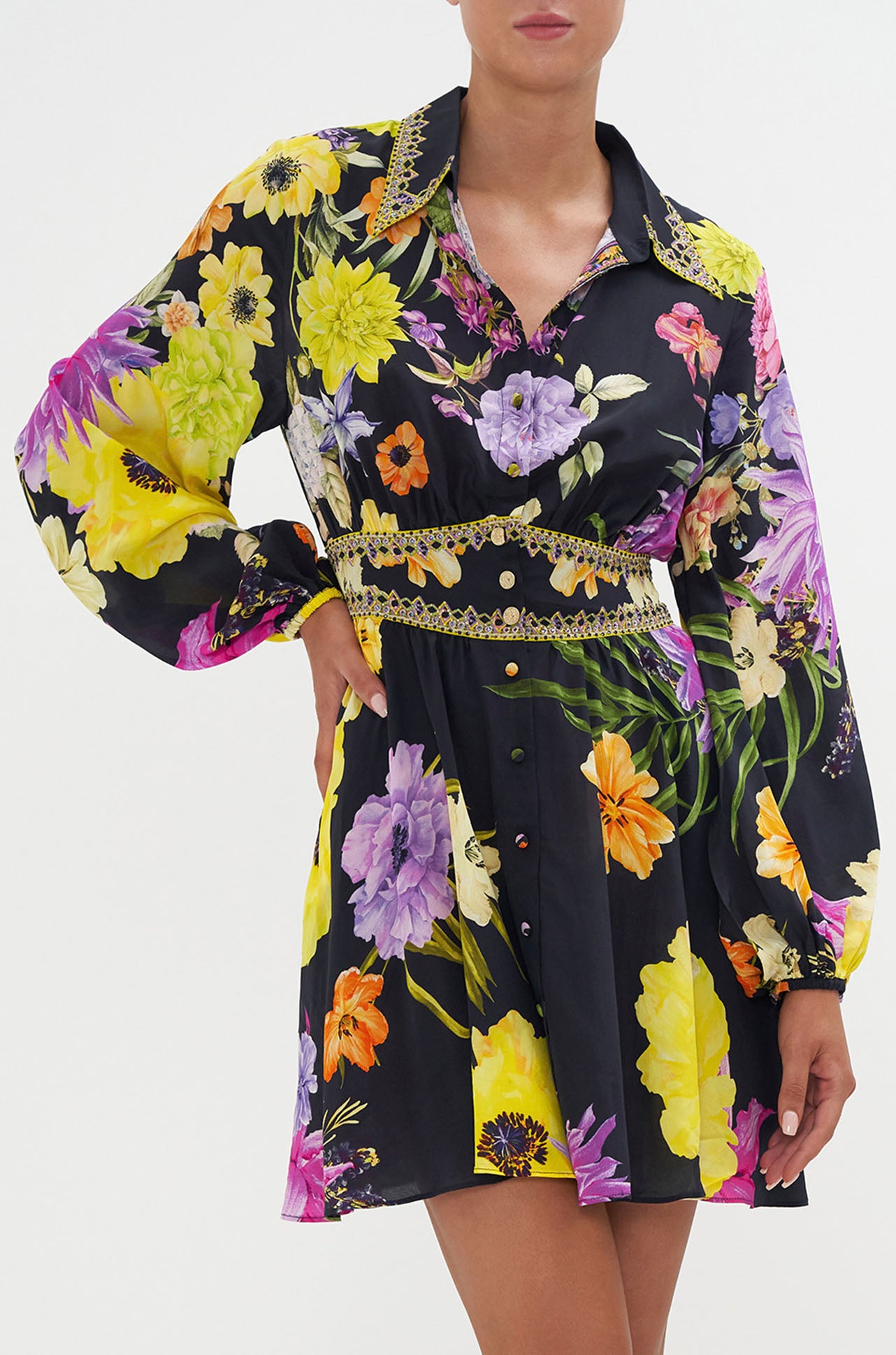 Camilla - Peace Be With You Collared Shaped Waistband Dress
